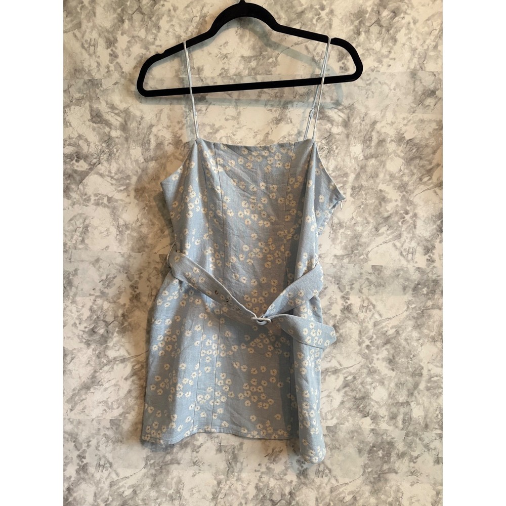 ZARA Blue Floral‎ Mini Dress with Belt Spaghetti Straps Size L
